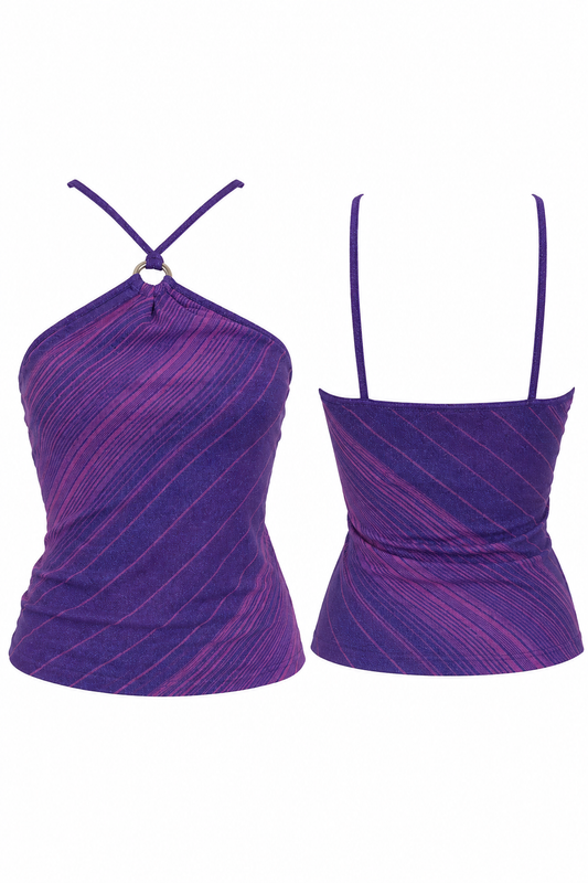 Vintage Y2K Express Purple Metallic Striped O-Ring Halter Top - S