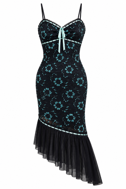 Vintage Y2K Cécilia Paris Black Lace & Aqua Floral Asymmetric Midi Dress - XS
