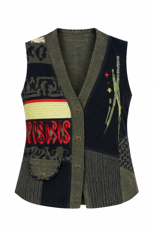 Vintage 90s Nancy Bolen Olive Green Patchwork Boho Vest – M