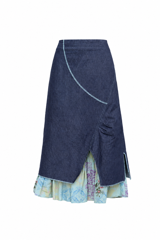 Vintage Y2K Renato Bene Paris Chambray Overlay Floral Midi Skirt Asymmetrical Layered Boho Skirt - S