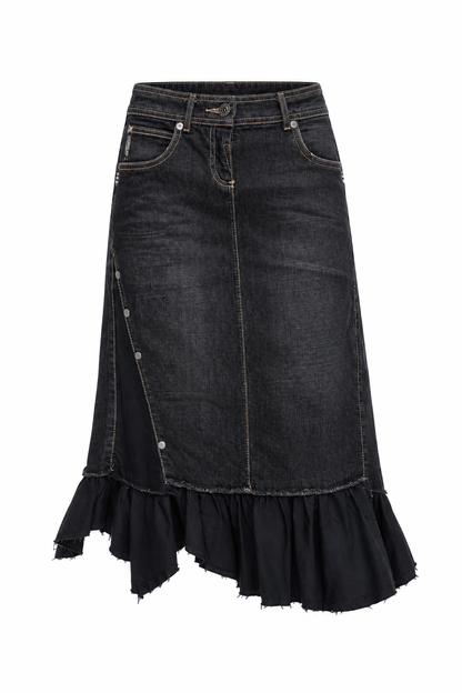 Y2K Mexx Dark Wash Denim Ruffle Midi Skirt Whimsigoth Hem – XS