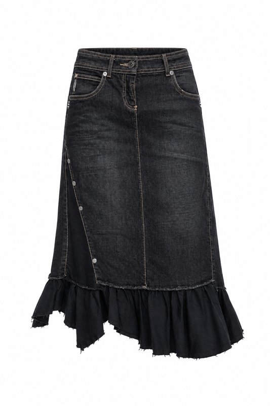 Y2K Mexx Dark Wash Denim Ruffle Midi Skirt Whimsigoth Hem – XS