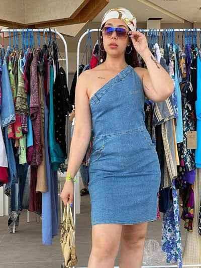 Vintage Y2K Sam Denim Dress - Balagan Vintage Denim Dress 00s, 00s dress, 90s, 90s dress, cotton, denim, denimdress, festival wear, midi dress, outerwear, streetwear, summer, techno, techno wear, vintage dress, women, women jeans, Y2K, Y2K dress