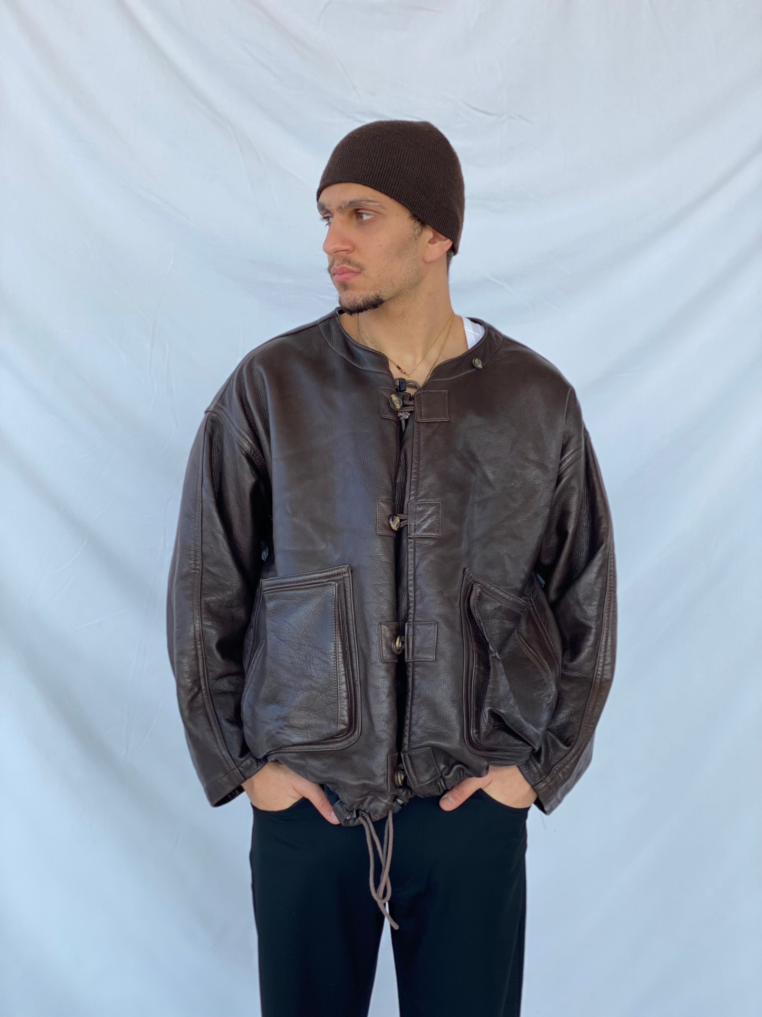 Vintage Mountains and Forests Designer Genuine Leather Jacket - Balagan Vintage Leather Jacket 90s, brown leather, genuine leather, genuine leather jacket, leather, leather jacket, outerwear, vintage