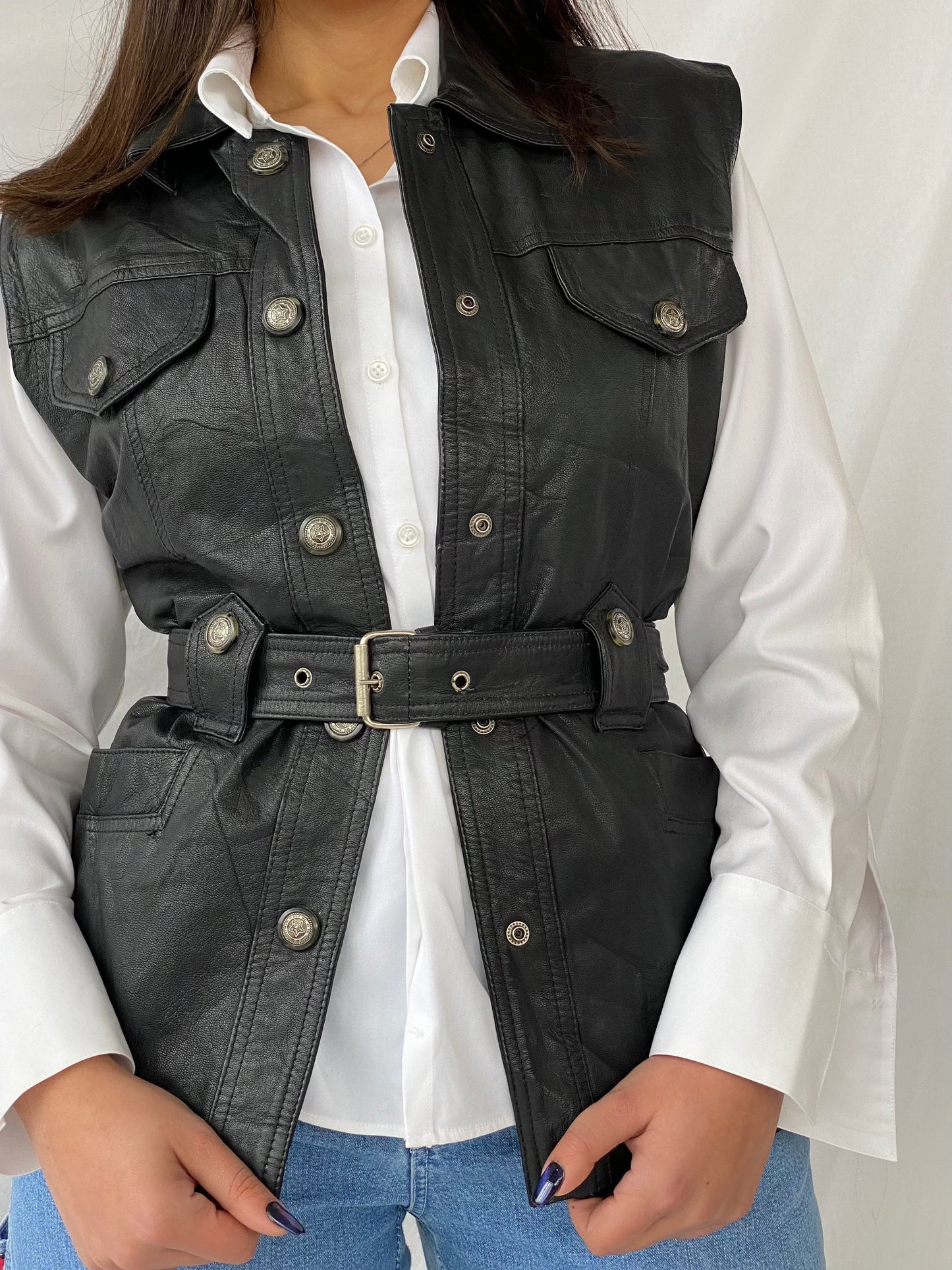 Vintage Classic Woman Genuine Leather Biker’s Vest - Balagan Vintage Leather Vest 90s, black leather, black vest, genuine leather, genuine leather vest, leather, leather vest, vest