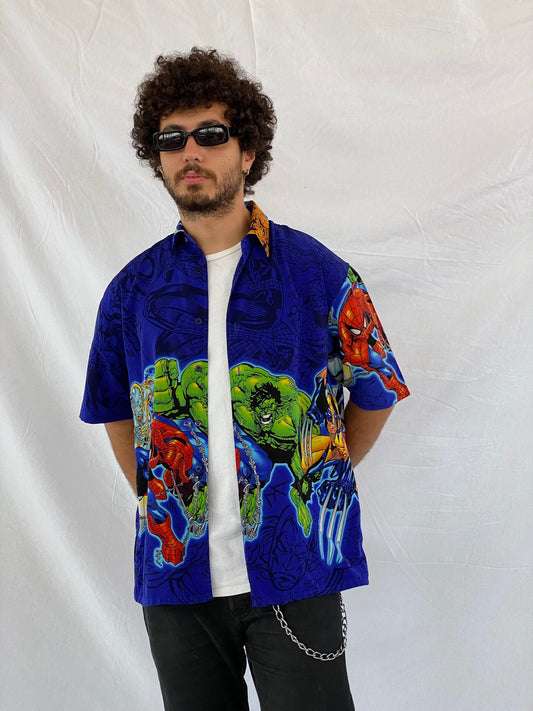 Vintage 90s/00s Marvel Comics Graphic Shirt - Balagan Vintage Half Sleeve Shirt 00s, 90s, cotton, crazy print, festival wear, graphic, graphic top, half sleeve shirt, outerwear, oversized, oversized shirt, printed shirt, prints, shirt, shirts, summer, summer prints, techno, techno wear, unisex, unisex shirts, vintage, vintage prints, women, women shirt, Y2K