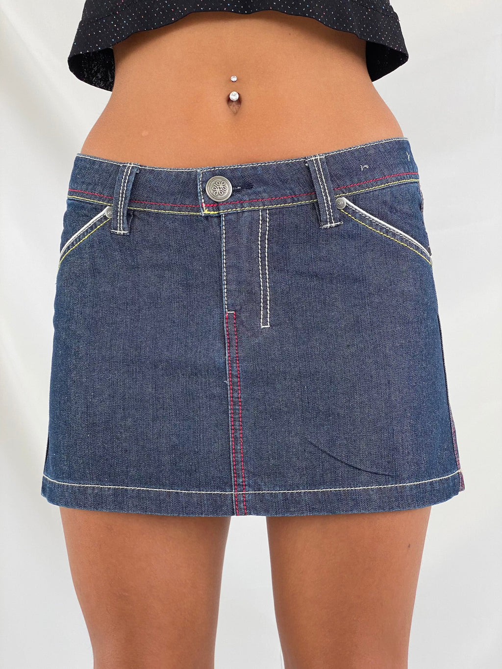 Vintage SILA Lucky Huntress Mini Denim Skirt - Balagan Vintage Mini Skirt 00s, 90s, denim skirt, mini denim skirt, mini skirt, retro, techno, techno wear, vintage, women, women skirt, Y2K