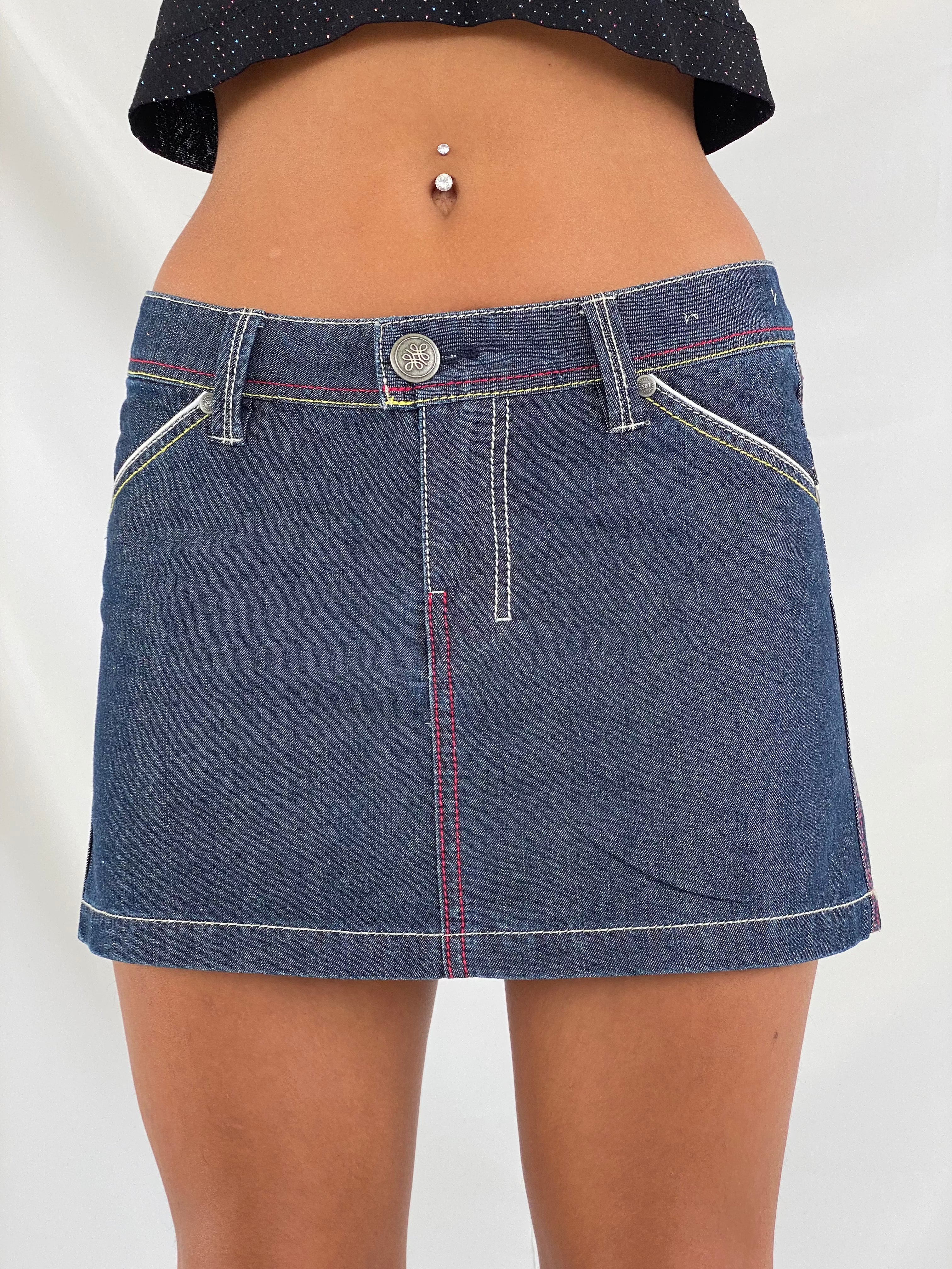 Vintage SILA Lucky Huntress Mini Denim Skirt - Balagan Vintage Mini Skirt 00s, 90s, denim skirt, mini denim skirt, mini skirt, retro, techno, techno wear, vintage, women, women skirt, Y2K