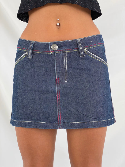 Vintage SILA Lucky Huntress Mini Denim Skirt - Balagan Vintage Mini Skirt 00s, 90s, denim skirt, mini denim skirt, mini skirt, retro, techno, techno wear, vintage, women, women skirt, Y2K