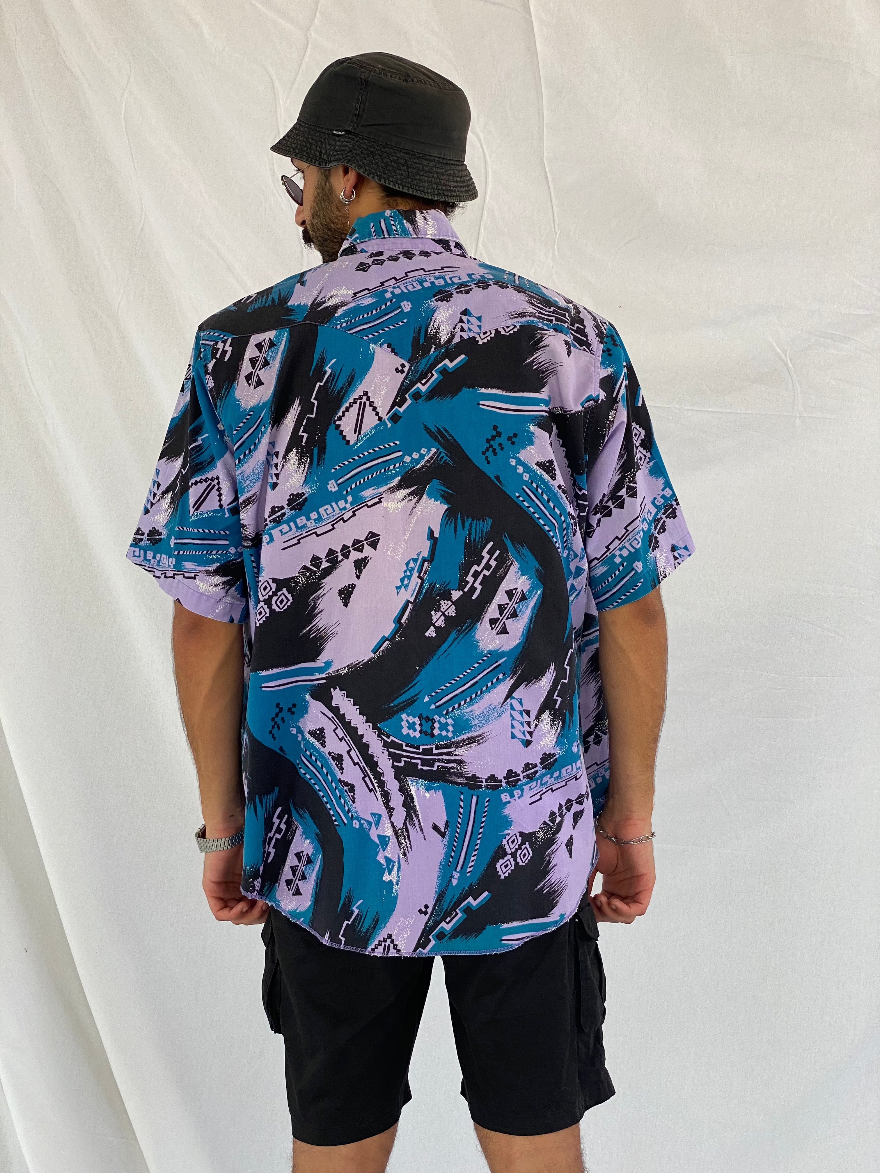 Vintage Wrangler Printed Shirt - Balagan Vintage Half Sleeve Shirt 00s, 90s, crazy print, festival wear, geometric print, graphic, graphic top, groovy shirt, half sleeve shirt, men, mens shirt, outerwear, oversized, oversized shirt, printed shirt, shirt, shirts, summer, summer prints, techno, techno wear, unisex, unisex shirts, women, women shirt, wrangler, wrangler shirt, Y2K