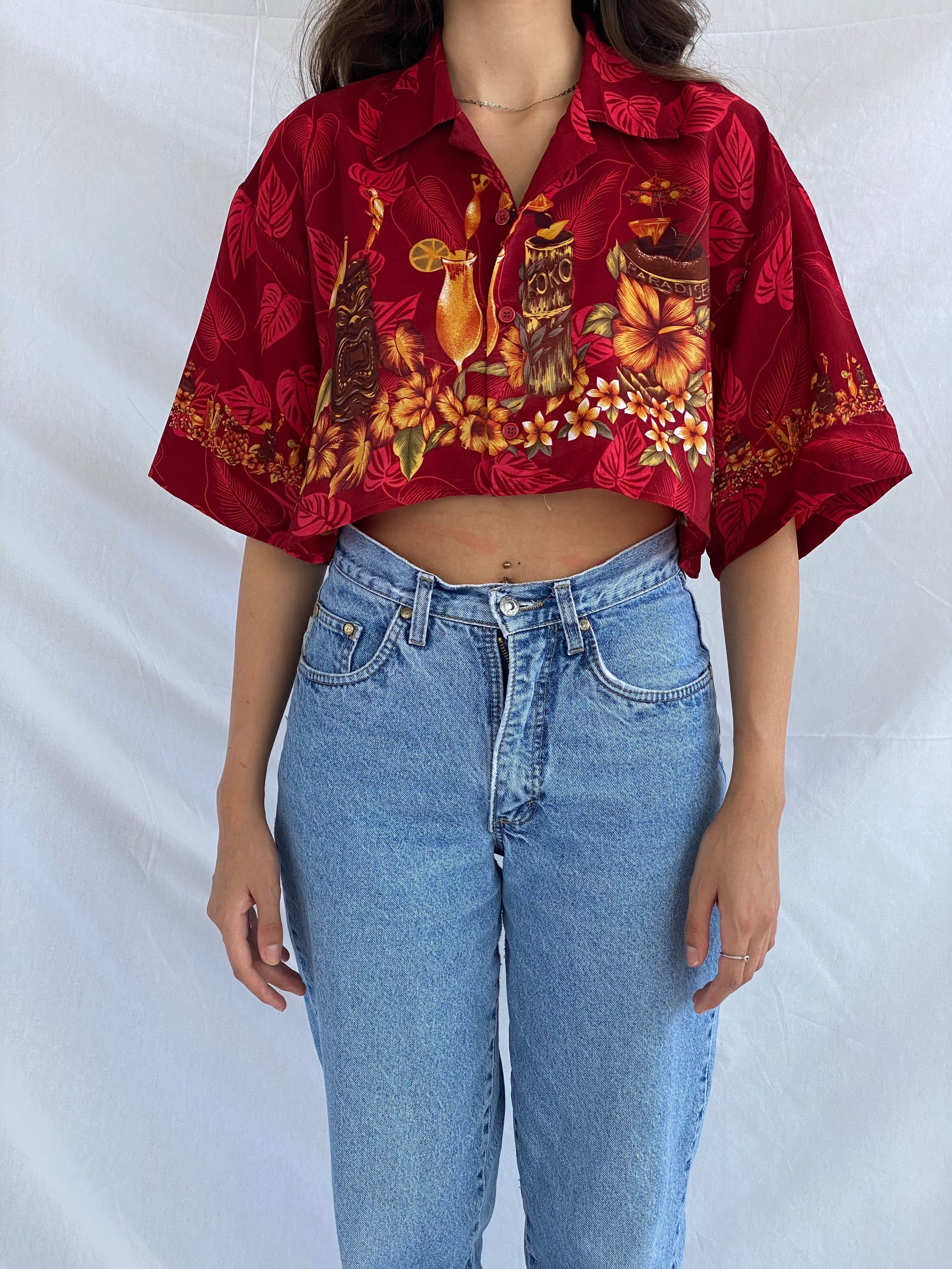 Vintage Ferugini Cropped Shirt - Balagan Vintage Cropped Hawaiian Shirt crazy print, cropped Hawaiian shirt, Cropped shirt, festival wear, Hawaiian shirt, printed shirt, prints, reworked shirt, shirt, shirts, streetwear, techno, techno wear, Top, vintage, vintage prints, women, women shirt