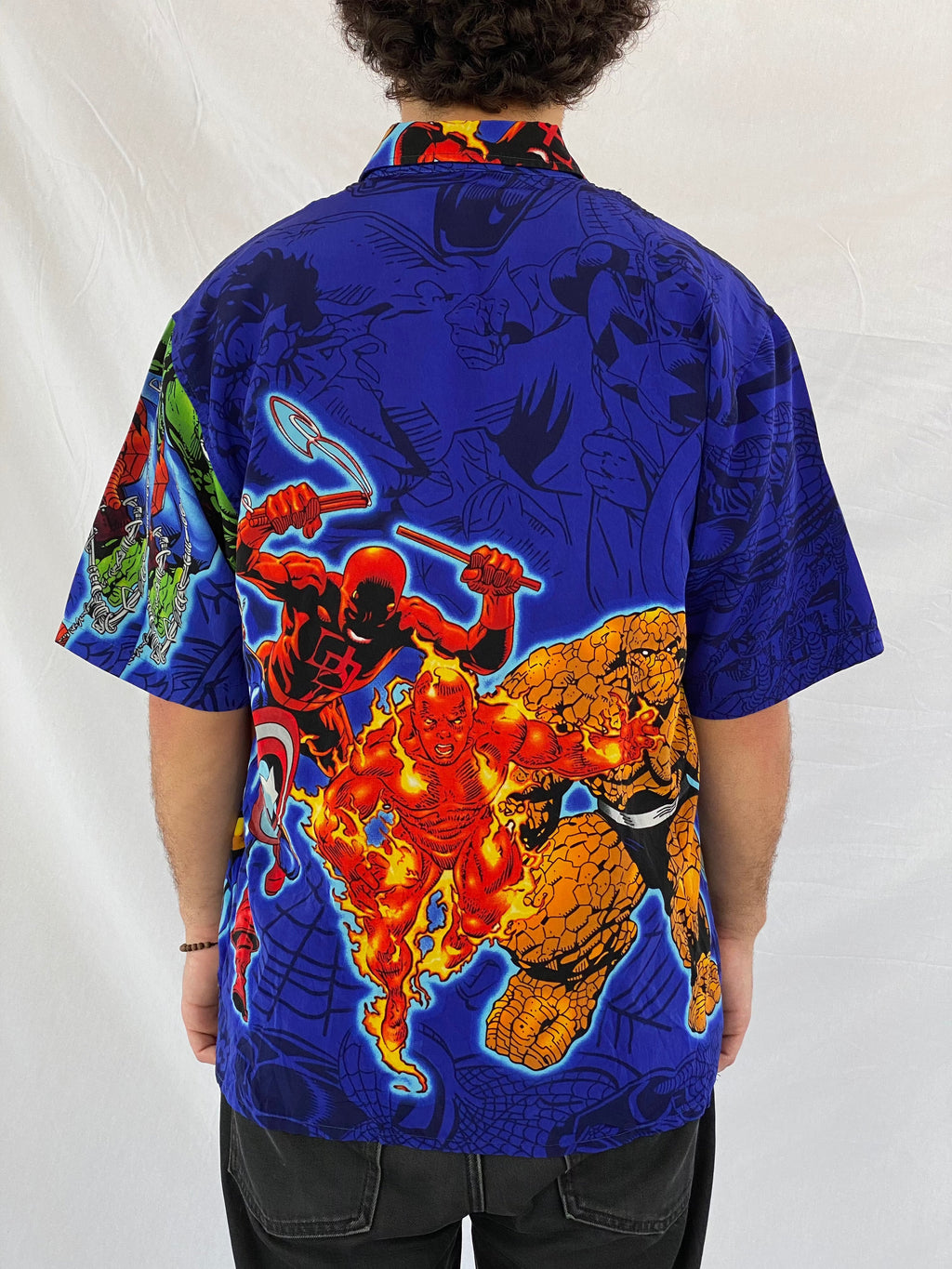 Vintage 90s/00s Marvel Comics Graphic Shirt - Balagan Vintage Half Sleeve Shirt 00s, 90s, cotton, crazy print, festival wear, graphic, graphic top, half sleeve shirt, outerwear, oversized, oversized shirt, printed shirt, prints, shirt, shirts, summer, summer prints, techno, techno wear, unisex, unisex shirts, vintage, vintage prints, women, women shirt, Y2K