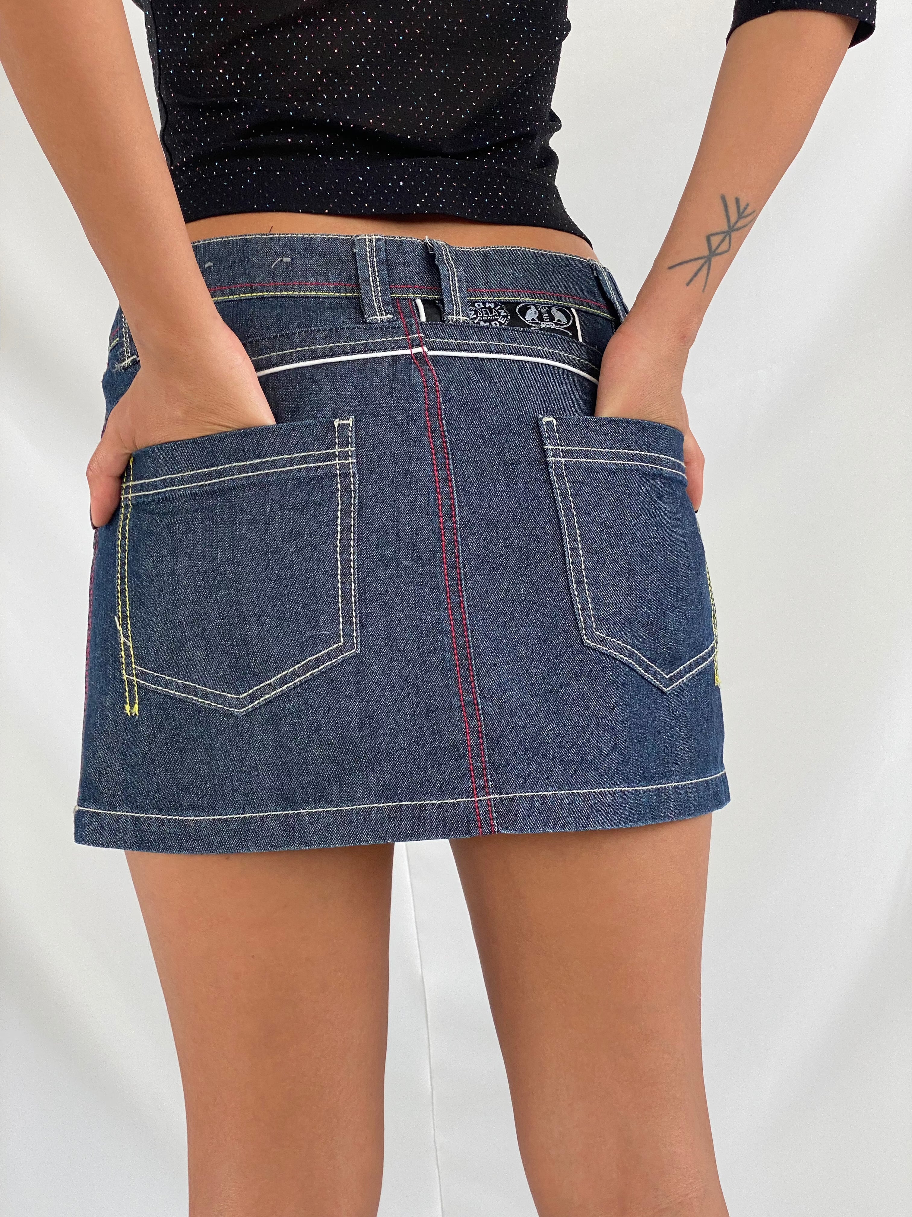 Vintage SILA Lucky Huntress Mini Denim Skirt - Balagan Vintage Mini Skirt 00s, 90s, denim skirt, mini denim skirt, mini skirt, retro, techno, techno wear, vintage, women, women skirt, Y2K