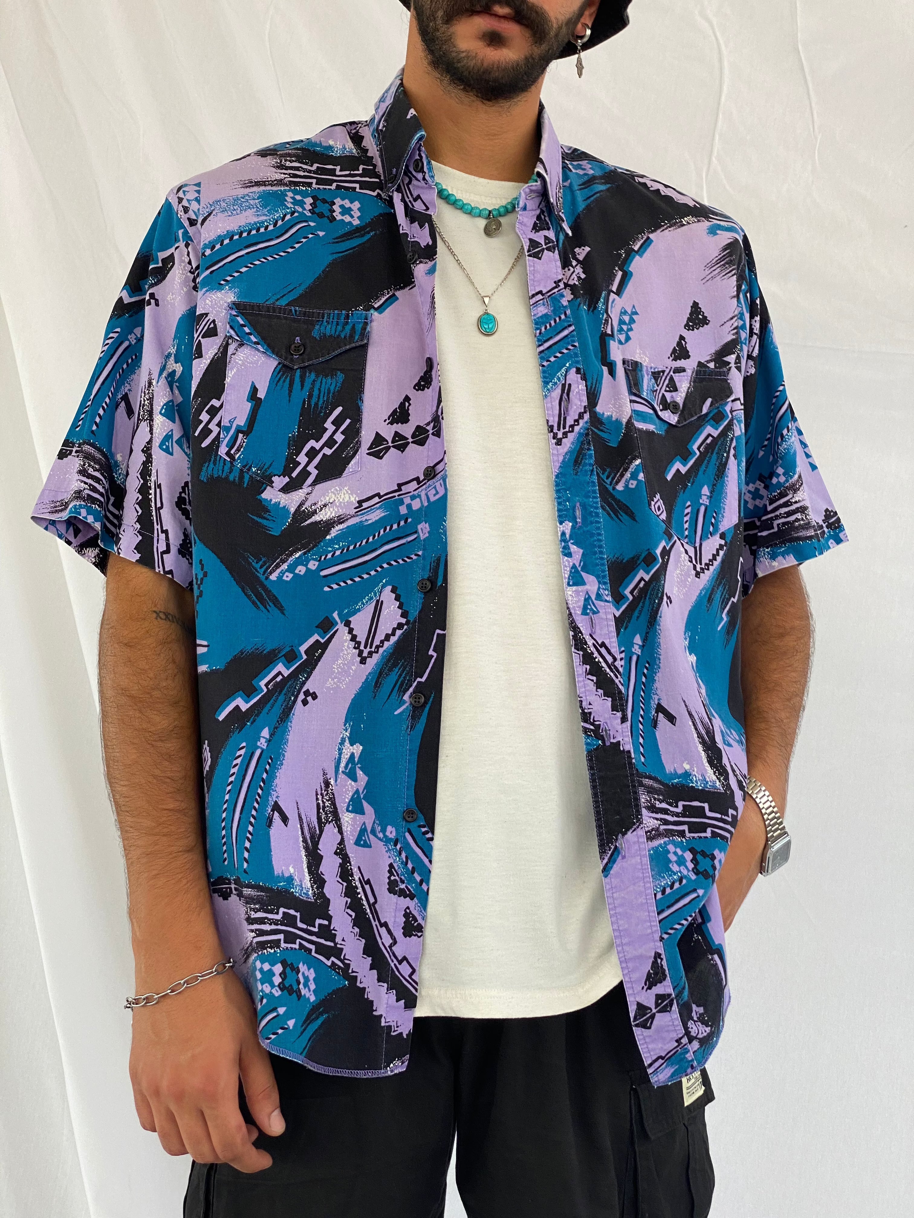 Vintage Wrangler Printed Shirt - Balagan Vintage Half Sleeve Shirt 00s, 90s, crazy print, festival wear, geometric print, graphic, graphic top, groovy shirt, half sleeve shirt, men, mens shirt, outerwear, oversized, oversized shirt, printed shirt, shirt, shirts, summer, summer prints, techno, techno wear, unisex, unisex shirts, women, women shirt, wrangler, wrangler shirt, Y2K