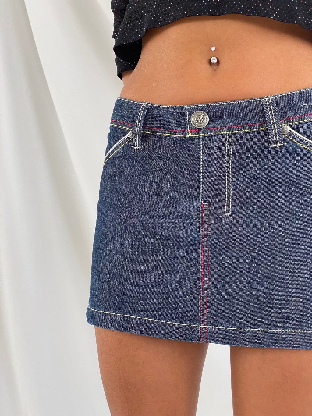 Vintage SILA Lucky Huntress Mini Denim Skirt - Balagan Vintage Mini Skirt 00s, 90s, denim skirt, mini denim skirt, mini skirt, retro, techno, techno wear, vintage, women, women skirt, Y2K