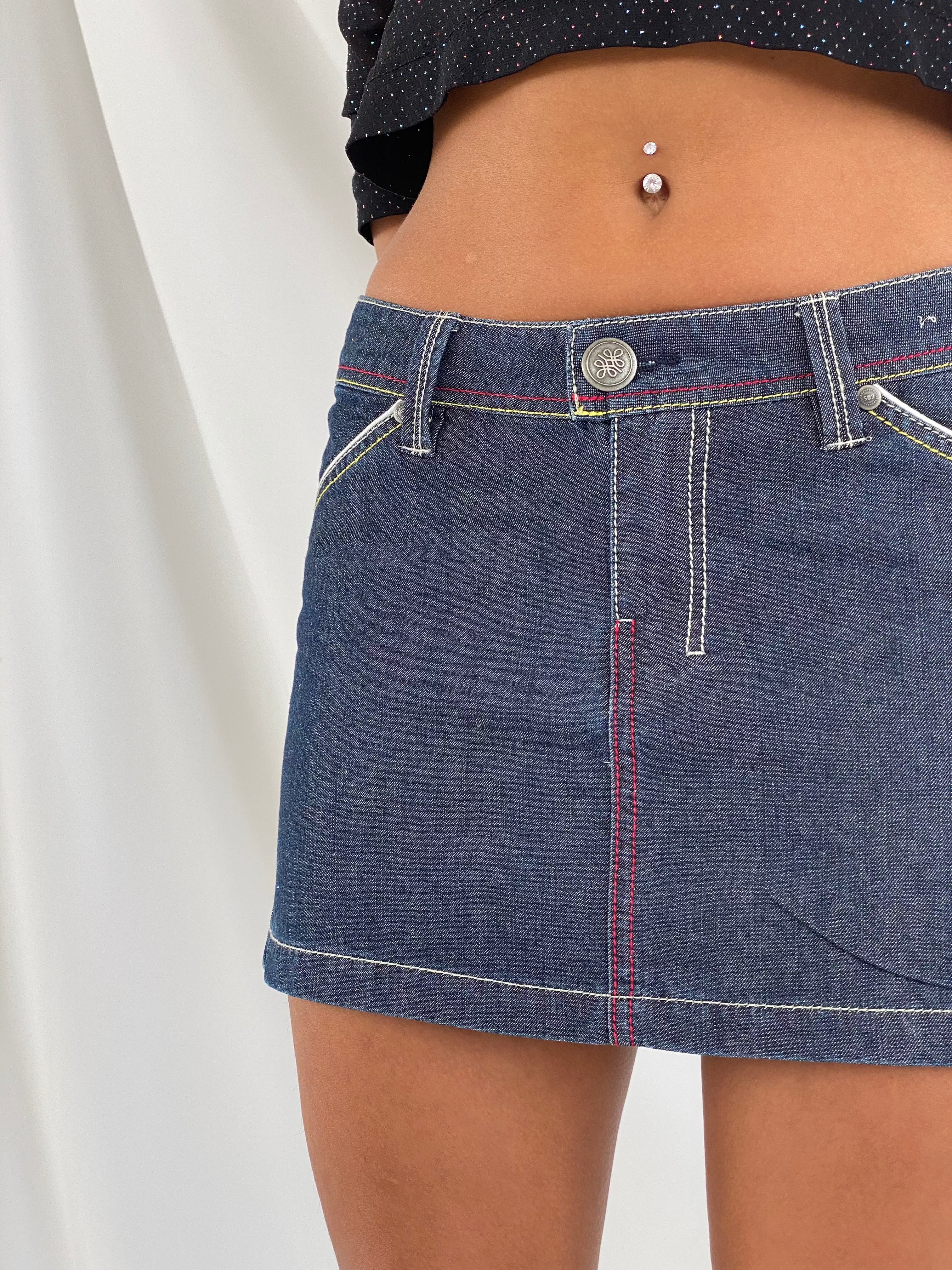 Vintage SILA Lucky Huntress Mini Denim Skirt - Balagan Vintage Mini Skirt 00s, 90s, denim skirt, mini denim skirt, mini skirt, retro, techno, techno wear, vintage, women, women skirt, Y2K