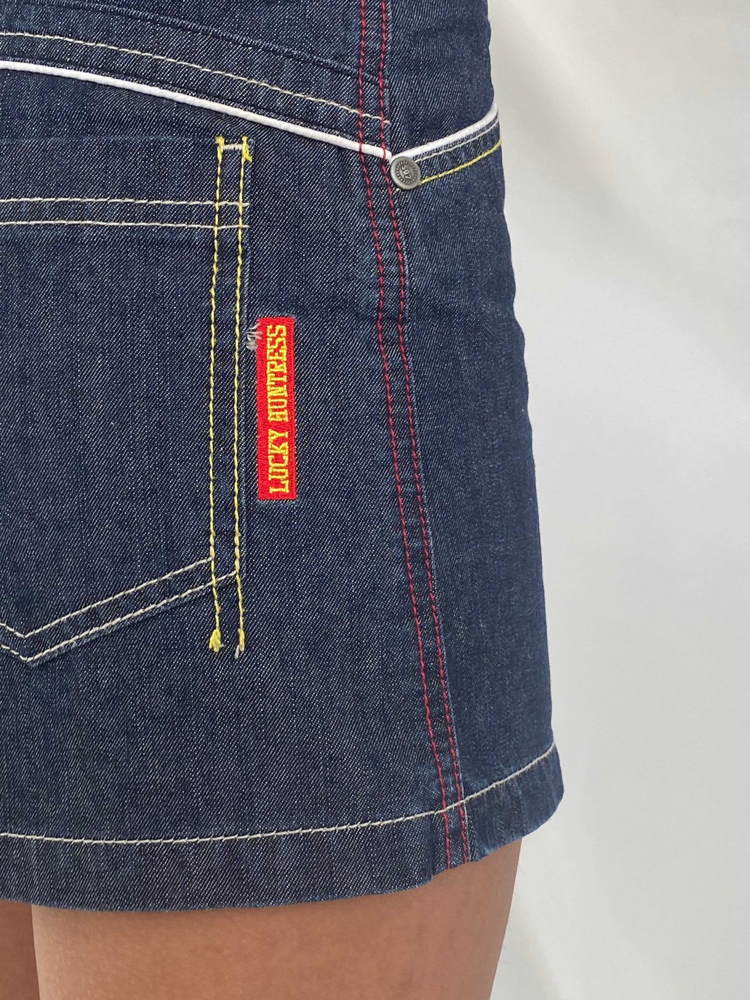 Vintage SILA Lucky Huntress Mini Denim Skirt - Balagan Vintage Mini Skirt 00s, 90s, denim skirt, mini denim skirt, mini skirt, retro, techno, techno wear, vintage, women, women skirt, Y2K