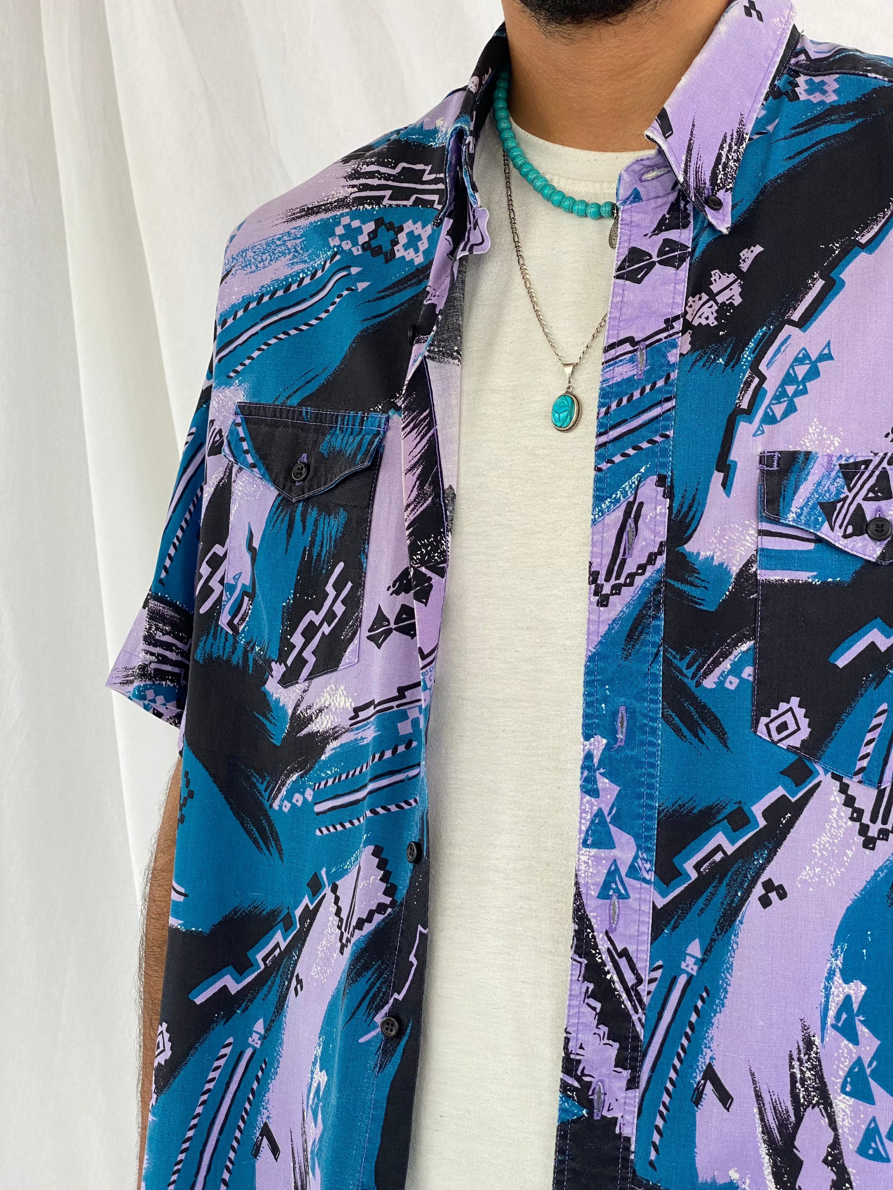 Vintage Wrangler Printed Shirt - Balagan Vintage Half Sleeve Shirt 00s, 90s, crazy print, festival wear, geometric print, graphic, graphic top, groovy shirt, half sleeve shirt, men, mens shirt, outerwear, oversized, oversized shirt, printed shirt, shirt, shirts, summer, summer prints, techno, techno wear, unisex, unisex shirts, women, women shirt, wrangler, wrangler shirt, Y2K