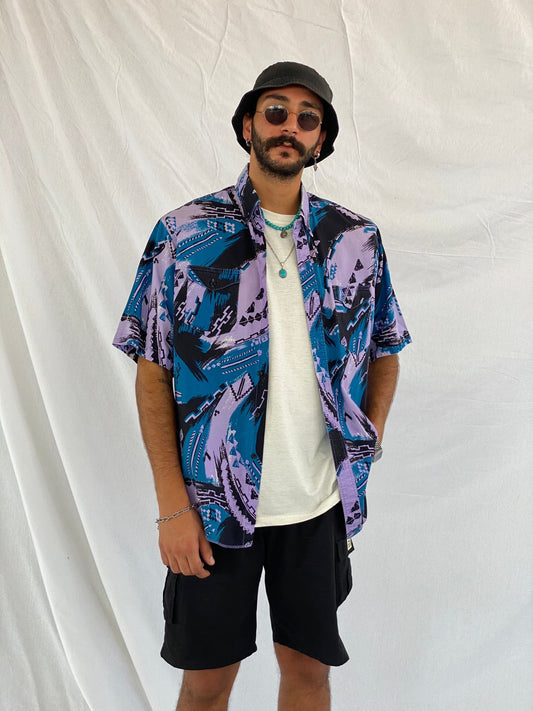 Vintage Wrangler Printed Shirt - Balagan Vintage Half Sleeve Shirt 00s, 90s, crazy print, festival wear, geometric print, graphic, graphic top, groovy shirt, half sleeve shirt, men, mens shirt, outerwear, oversized, oversized shirt, printed shirt, shirt, shirts, summer, summer prints, techno, techno wear, unisex, unisex shirts, women, women shirt, wrangler, wrangler shirt, Y2K