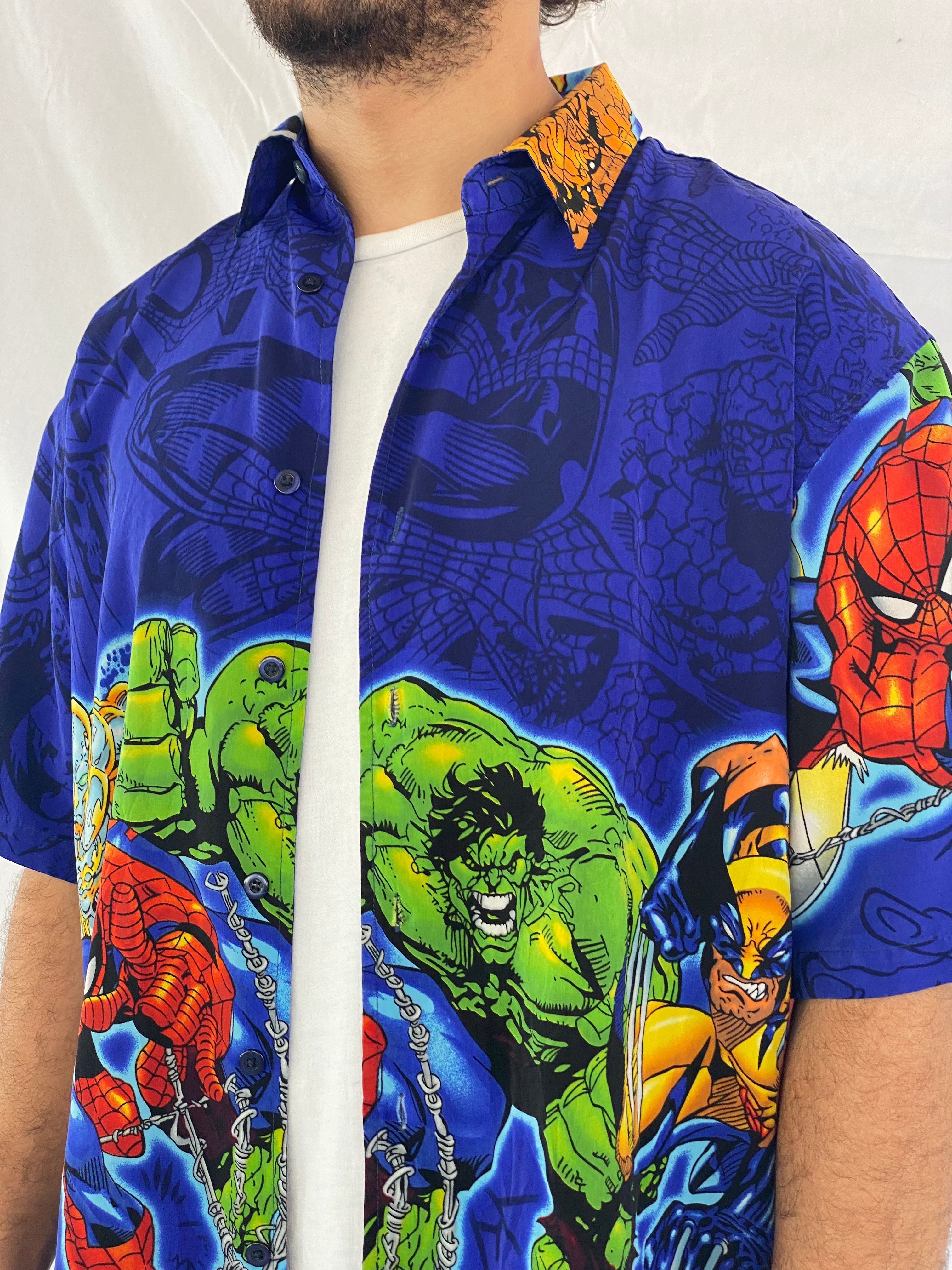 Vintage 90s/00s Marvel Comics Graphic Shirt - Balagan Vintage Half Sleeve Shirt 00s, 90s, cotton, crazy print, festival wear, graphic, graphic top, half sleeve shirt, outerwear, oversized, oversized shirt, printed shirt, prints, shirt, shirts, summer, summer prints, techno, techno wear, unisex, unisex shirts, vintage, vintage prints, women, women shirt, Y2K
