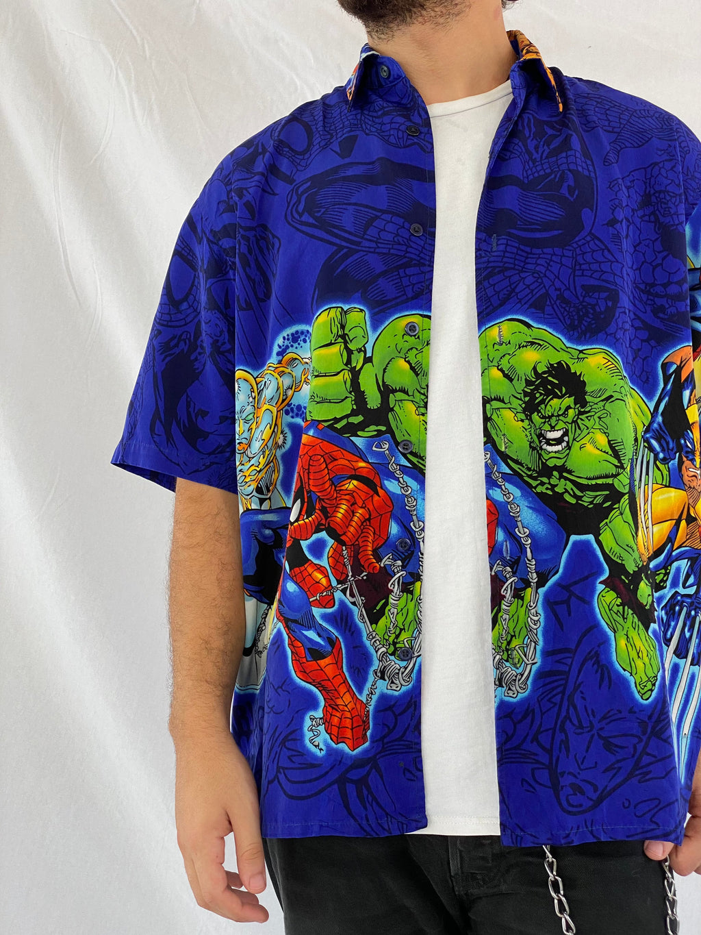 Vintage 90s/00s Marvel Comics Graphic Shirt - Balagan Vintage Half Sleeve Shirt 00s, 90s, cotton, crazy print, festival wear, graphic, graphic top, half sleeve shirt, outerwear, oversized, oversized shirt, printed shirt, prints, shirt, shirts, summer, summer prints, techno, techno wear, unisex, unisex shirts, vintage, vintage prints, women, women shirt, Y2K