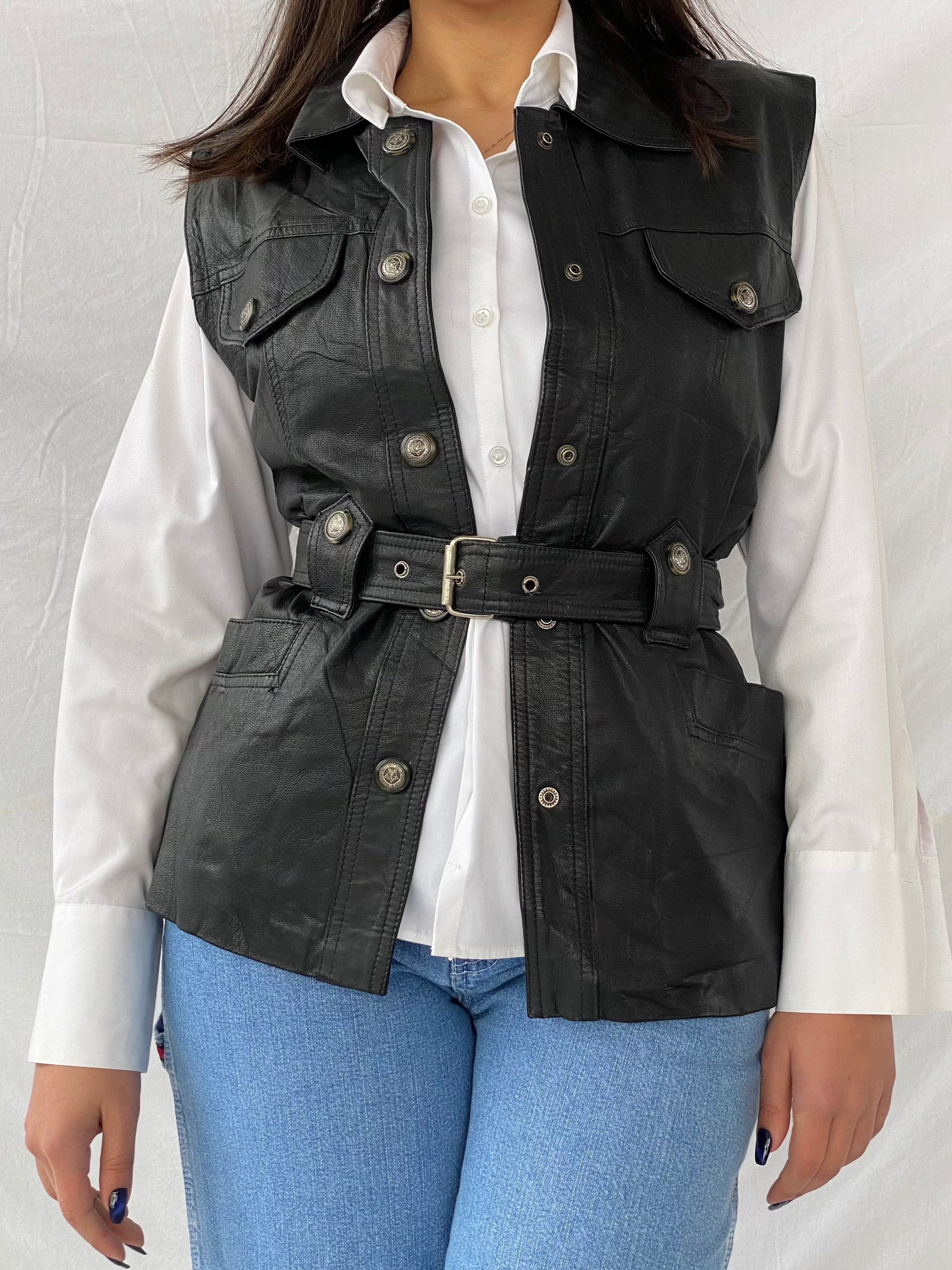 Vintage Classic Woman Genuine Leather Biker’s Vest - Balagan Vintage Leather Vest 90s, black leather, black vest, genuine leather, genuine leather vest, leather, leather vest, vest