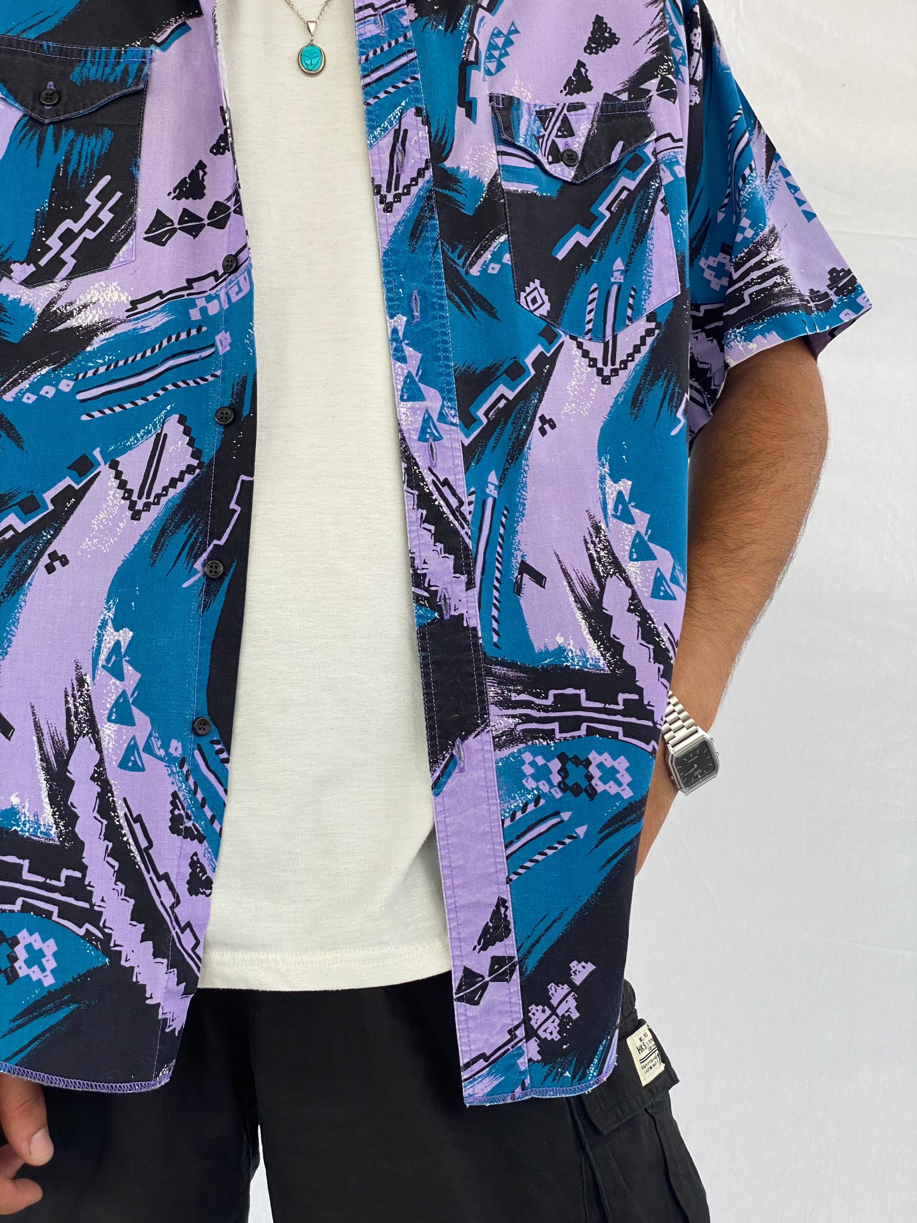 Vintage Wrangler Printed Shirt - Balagan Vintage Half Sleeve Shirt 00s, 90s, crazy print, festival wear, geometric print, graphic, graphic top, groovy shirt, half sleeve shirt, men, mens shirt, outerwear, oversized, oversized shirt, printed shirt, shirt, shirts, summer, summer prints, techno, techno wear, unisex, unisex shirts, women, women shirt, wrangler, wrangler shirt, Y2K