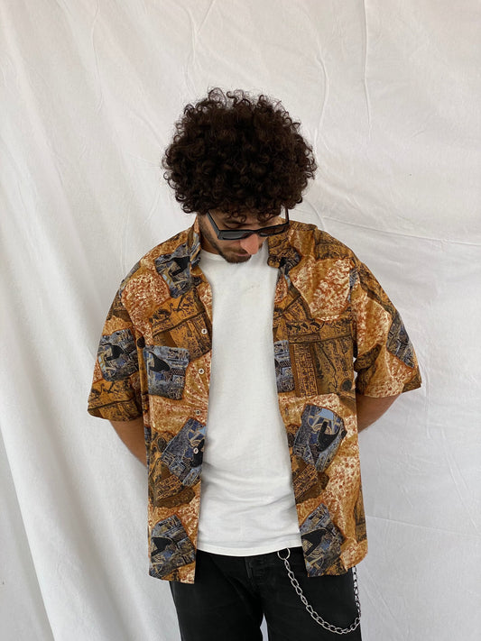 Vintage Pharaohs Printed Shirt - Balagan Vintage Half Sleeve Shirt 90s, crazy print, festival wear, half sleeve shirt, men, mens shirt, oversized, oversized shirt, printed shirt, prints, retro, shirt, shirts, streetwear, summer, summer prints, techno, techno wear, unisex, unisex shirts, vintage prints