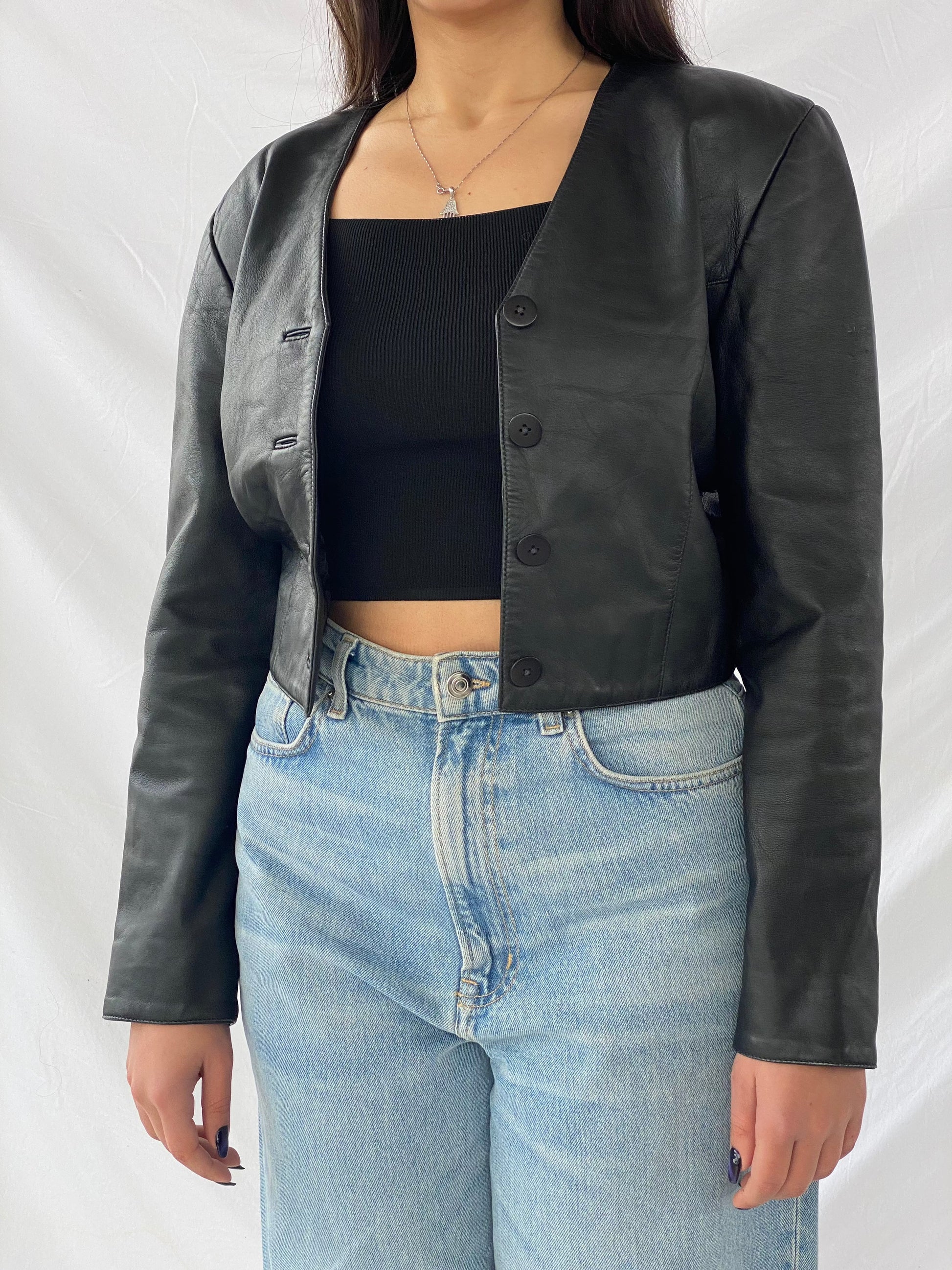 Vintage Cropped Leather Jacket - Balagan Vintage Leather Jacket 90s, black leather, genuine leather, genuine leather jacket, leather, leather jacket