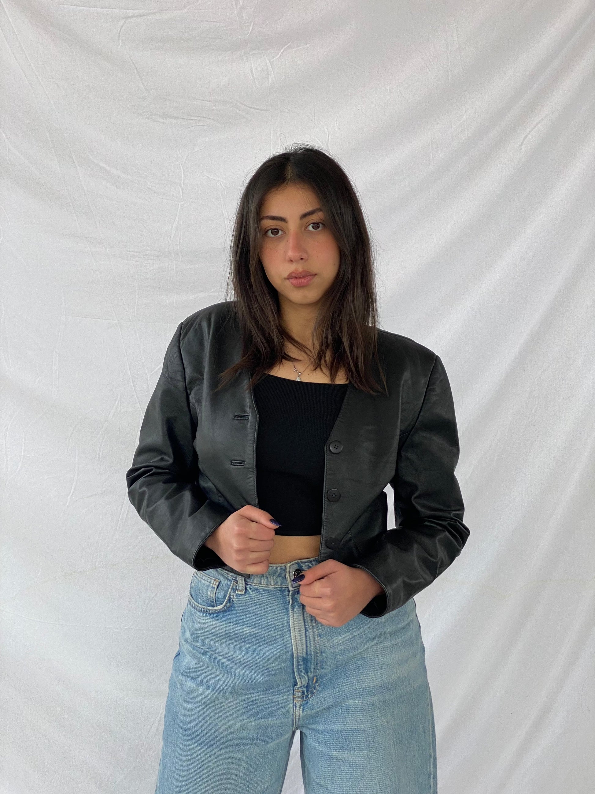 Vintage Cropped Leather Jacket - Balagan Vintage Leather Jacket 90s, black leather, genuine leather, genuine leather jacket, leather, leather jacket