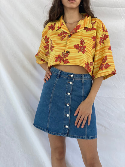 Vintage Pineapple Connections Cropped Hawaiian Print Shirt - Balagan Vintage Cropped Hawaiian Shirt crazy print, cropped Hawaiian shirt, Cropped shirt, festival wear, flower pattern, half sleeve shirt, Hawaiian shirt, printed shirt, reworked shirt, shirt, shirts, streetwear, summer, summer prints, techno, techno wear, Top, vintage, vintage cropped shirt, vintage prints, women, women shirt